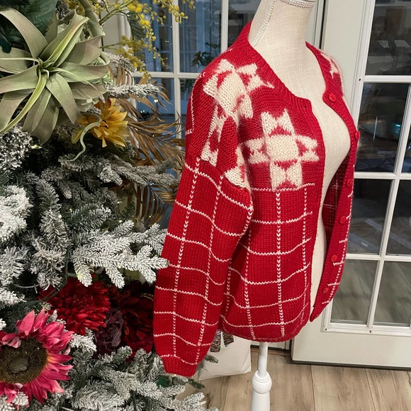 Vintage Hand Knit Red Mohair Button Sweater Cardigan Size L - Picture 2 of 5